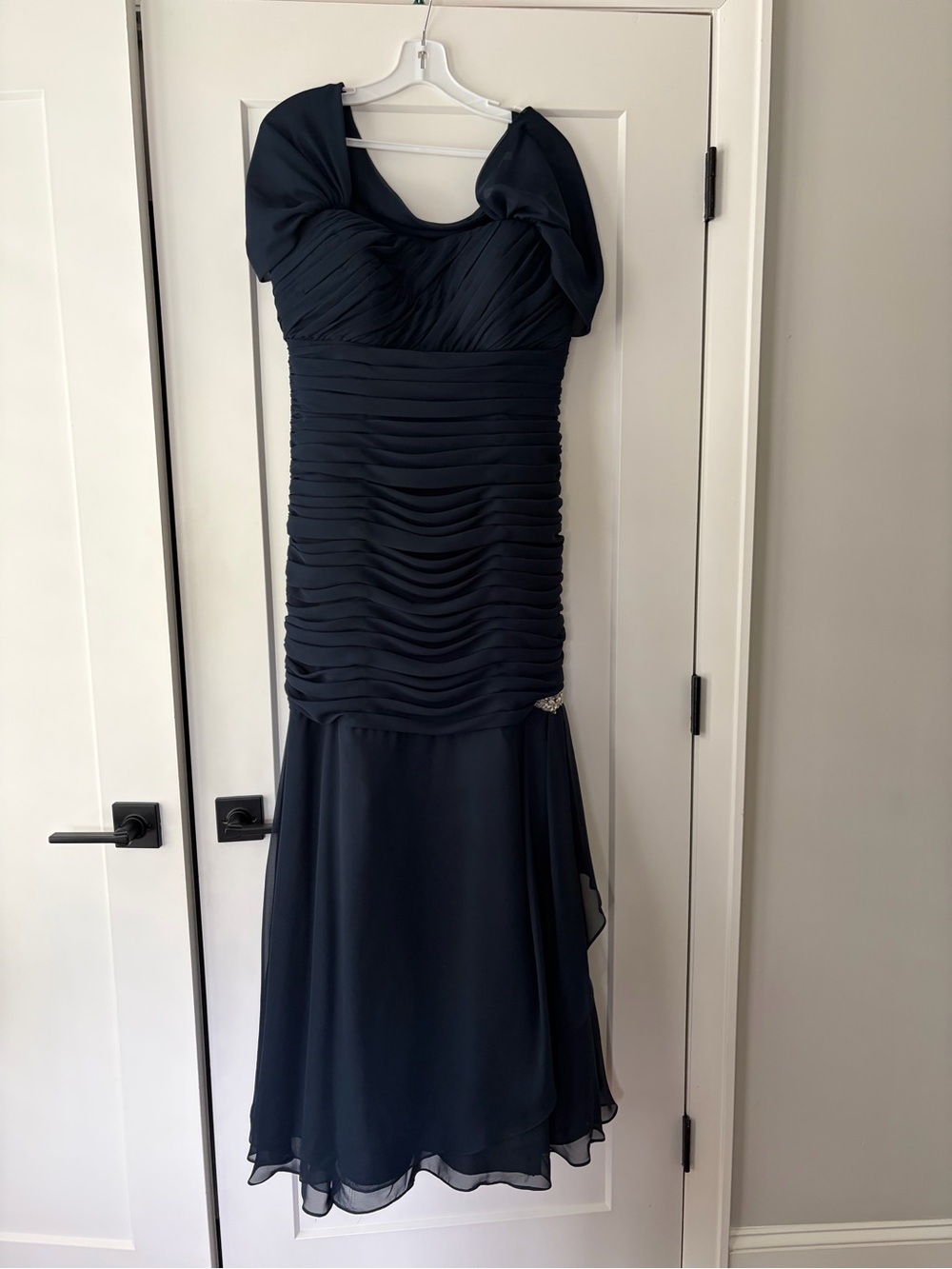 Navy Ruched Midi Dress with Sculpted Shoulders